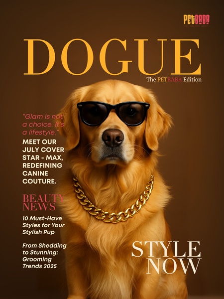 A high-fashion magazine cover layout featuring a Golden Retriever wearing sunglasses and a gold chain, utilizing a professional studio editorial aesthetic.