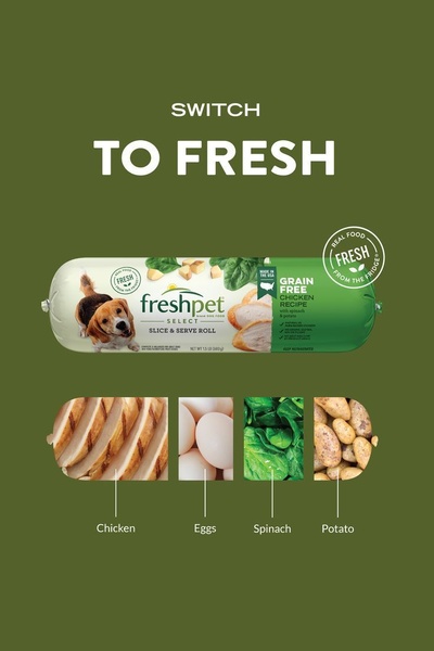 A clean, ingredient-focused advertisement featuring a sliced pet food roll alongside its primary components: chicken, eggs, spinach, and potatoes.