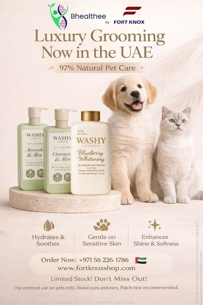 A high-conversion pet shampoo advertisement featuring the product range alongside a happy puppy and a cat, highlighting natural benefits and availability.