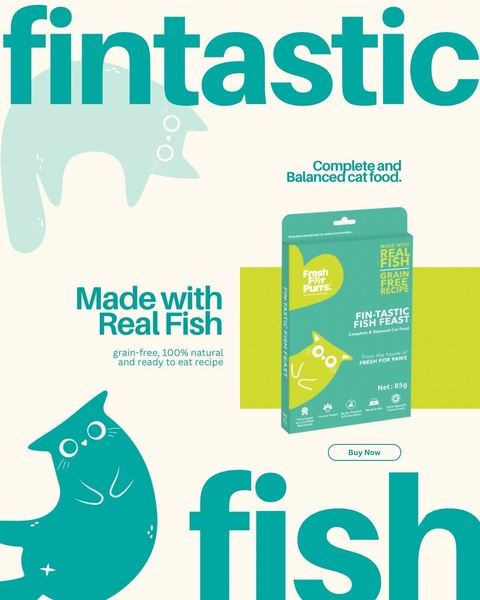A clean, illustration-driven advertisement for cat food that focuses on product benefits through a minimalist, bold color scheme and clear call-to-action.