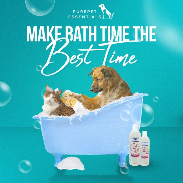 A split-view pet shampoo ad featuring a dog and cat in a blue bathtub, emphasizing the ease and gentleness of the product for pets.