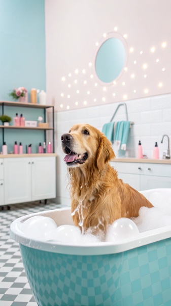 A high-quality 9:16 vertical image featuring a Golden Retriever in a luxury bathtub, emphasizing cleanliness and premium pet care.