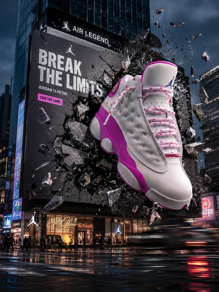 A high-impact 3:4 vertical ad creative featuring a running shoe bursting through a 3D billboard in an urban cityscape.