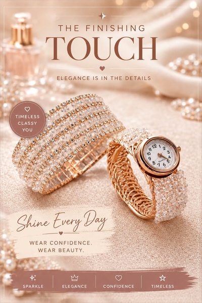 This creative features a close-up, high-end studio shot of a sparkling watch and bracelet set, emphasizing luxury, confidence, and timeless elegance.