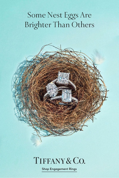 A clever, sophisticated visual metaphor featuring three diamond engagement rings nestled inside a bird's nest against a signature blue background.