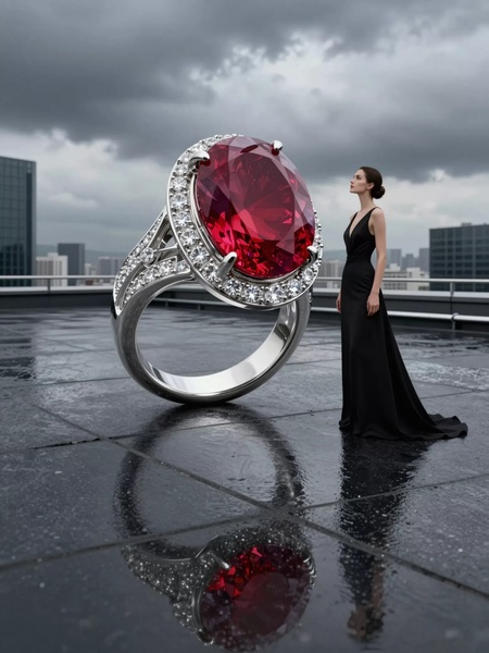 A high-fashion, surrealist image featuring an oversized ruby ring standing on a wet, dark rooftop next to a woman in an elegant black dress.