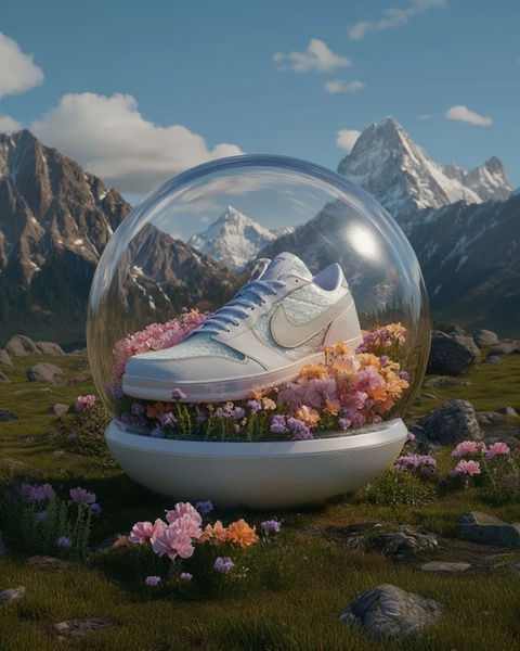 A high-fidelity render of a running shoe resting inside a glass sphere, surrounded by blooming flowers against a dramatic mountain backdrop.