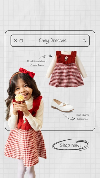 A high-conversion ad creative that uses a browser window overlay to showcase a floral houndstooth dress and pearl ballerina shoes, creating a familiar shopping experience.