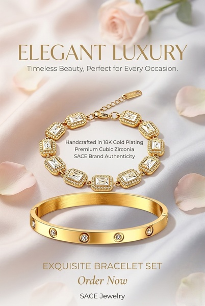 A high-end jewelry advertisement featuring a gold bracelet and bangle set resting on soft, silk-like fabric with delicate rose petals.