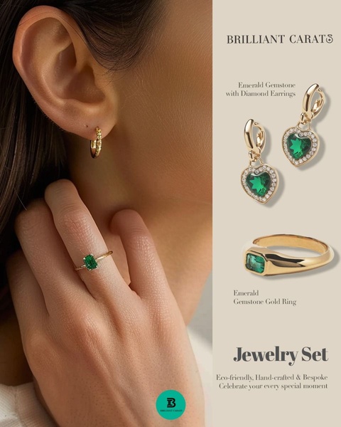 This creative showcases a jewelry set featuring emerald gemstone earrings and a gold ring worn by a model, emphasizing an elegant and sophisticated aesthetic.