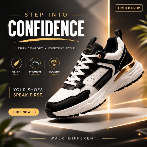 A high-end square ad creative featuring a black-and-white running shoe suspended on a minimalist platform with gold accent lighting and benefit callouts.