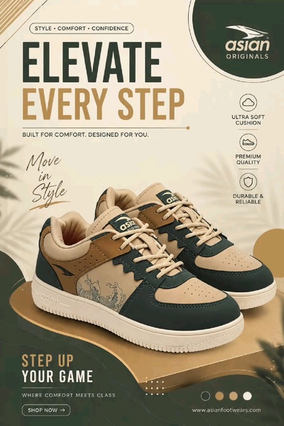 A high-quality 2:3 vertical ad showcasing a pair of casual athletic sneakers with a clear list of product benefits and a direct call to action.