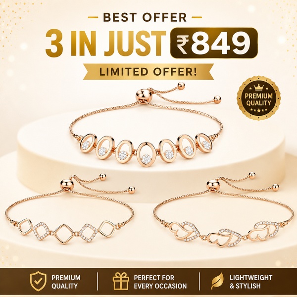 A clean, high-contrast promotional graphic featuring three delicate rose-gold bracelets with a price-focused offer.