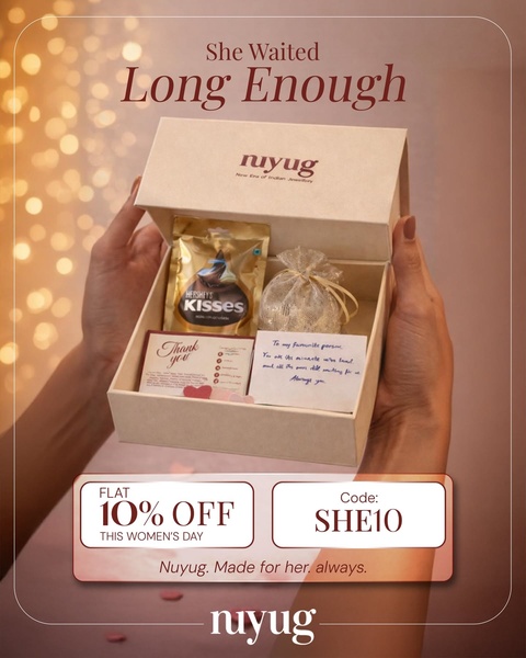 A high-conversion 4:5 vertical ad featuring a thoughtfully packaged jewellery gift box, highlighting an emotional narrative and promotional offer for Women's Day.