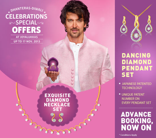 A promotional creative featuring a celebrity holding a jewelry box alongside a close-up of a dancing diamond pendant set for the festive season.