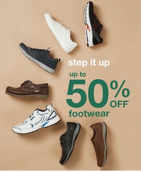 A top-down, clean-layout advertisement featuring various footwear styles organized around a central percentage-off discount announcement.