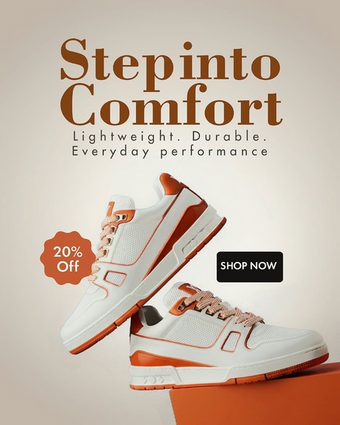 A clean, studio-lit ad creative featuring a pair of running shoes suspended in mid-air against a neutral gradient background with a 20% off offer.