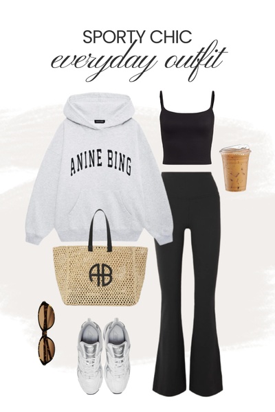 A clean flat-lay composition featuring a branded hoodie, leggings, straw tote, and coffee, emphasizing an aspirational and approachable aesthetic.