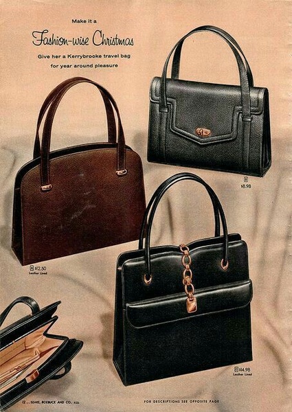 A high-end, vintage-inspired catalog page featuring three distinct leather travel bags in a seasonal holiday layout.