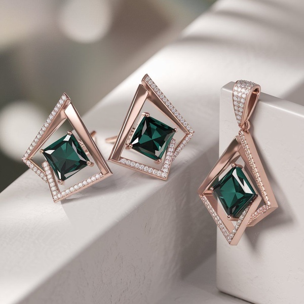 A high-end, studio-lit display of an emerald-cut jewelry set consisting of two studs and a matching pendant against a clean, architectural backdrop.