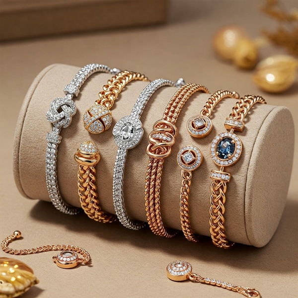 A high-end, studio-lit display of multiple luxury bracelets on a velvet stand, showcasing a variety of gold, silver, and gemstone designs.