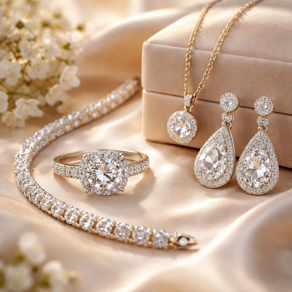 A high-end product photography layout featuring a diamond-encrusted ring, necklace, and teardrop earrings set against a soft, satin-textured silk backdrop.