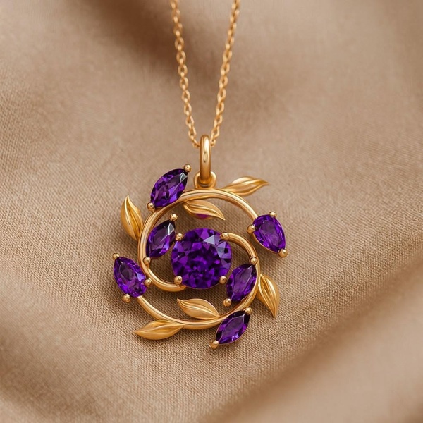 A high-detail, close-up shot of a purple amethyst pendant necklace featuring a leaf-inspired gold setting resting on soft, neutral fabric.