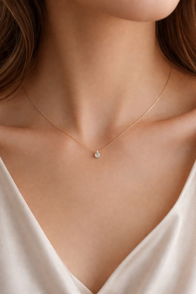 A close-up photograph of a woman wearing a delicate gold necklace with a single stone pendant, featuring a clean, minimalist aesthetic.