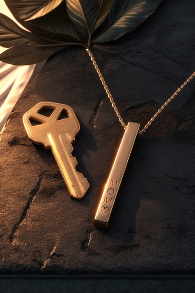 A close-up, high-contrast shot of a custom 'MOM' necklace resting next to a house key on a dark stone surface, evoking a sense of home and sentimental value.