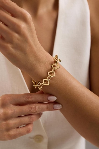 A close-up photograph featuring a person wearing a polished gold link bracelet, focusing on elegance and product texture.