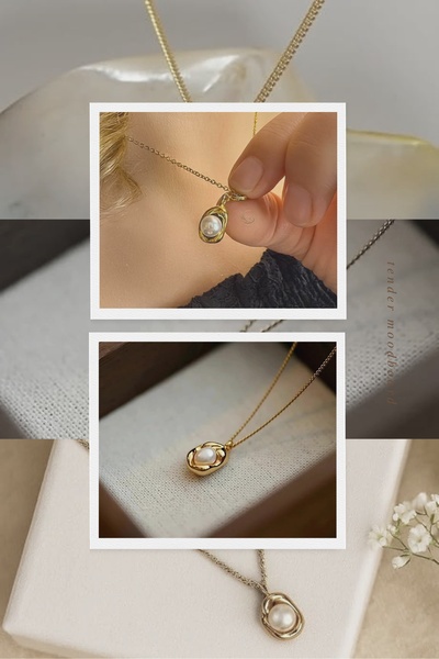 This creative features a refined pearl necklace in a soft, natural setting, using close-up shots to emphasize product texture and craftsmanship.