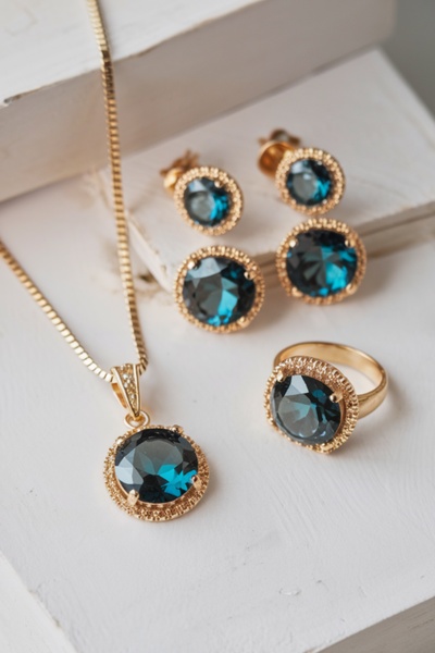 A high-end, clean product shot of a gold necklace, ring, and earring set featuring deep blue stones on a white textured surface.