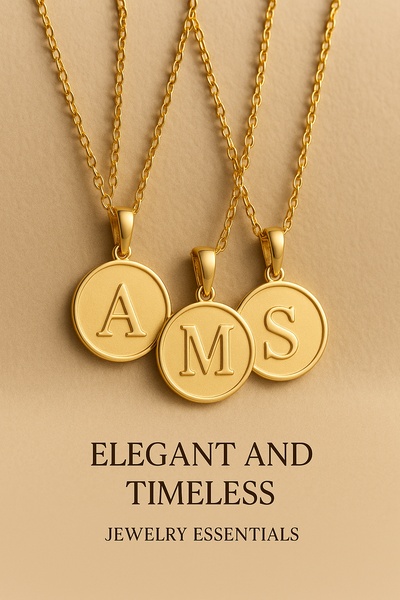 A close-up, high-quality photograph featuring three gold initial necklaces on a neutral background, emphasizing elegant product design.