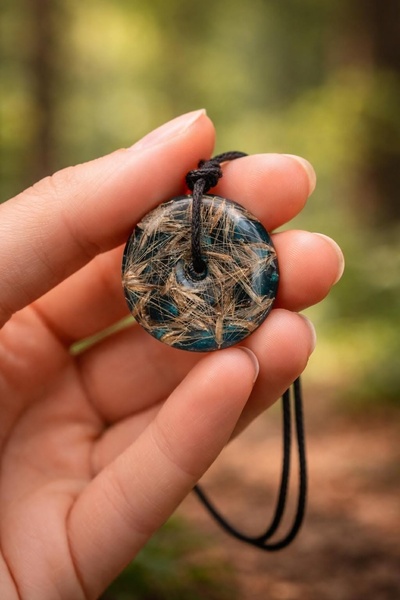A close-up shot of a unique circular pendant with embedded natural textures, held against a soft-focus forest background.
