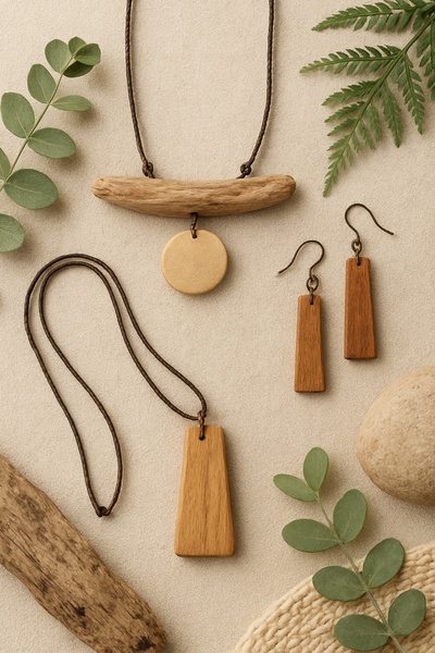 A high-quality flat-lay photography composition featuring a handcrafted wooden pendant necklace and matching earrings on a neutral textured background.