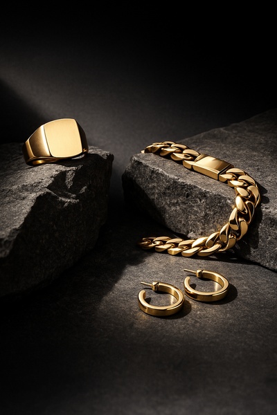 A high-contrast, moody product photograph featuring a gold signet ring, a cuban link bracelet, and small hoop earrings arranged on dark textured stone.