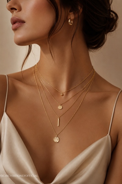 A close-up, high-fashion style shot featuring multiple gold necklaces on a model, emphasizing an elegant, premium, and refined look.