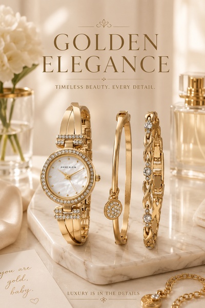 An elegant, high-end product display featuring a gold watch, a matching bangle, and a beaded bracelet on a marble surface.