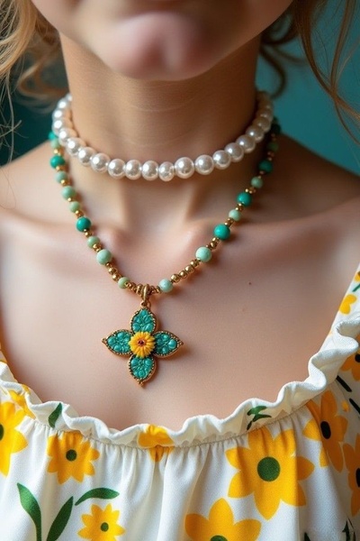 A close-up, high-fashion shot of a multi-layered necklace featuring a floral pendant, layered with a classic pearl choker.