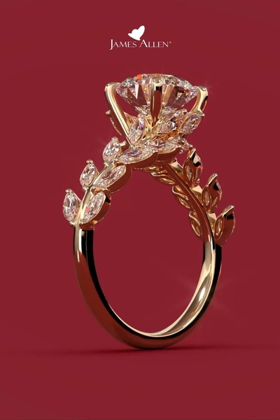 A high-definition 3D rendering of an ornate gold and diamond leaf-motif engagement ring, isolated against a deep red background to emphasize texture and luxury.