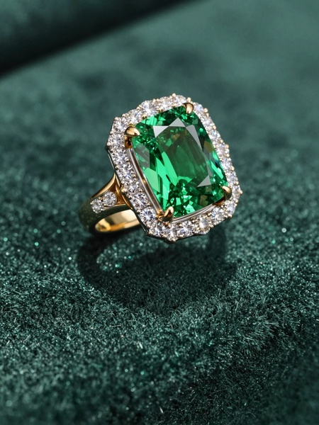 A close-up photograph of a vibrant emerald and diamond ring set against a deep green velvet background, emphasizing luxury through texture and rich color contrast.