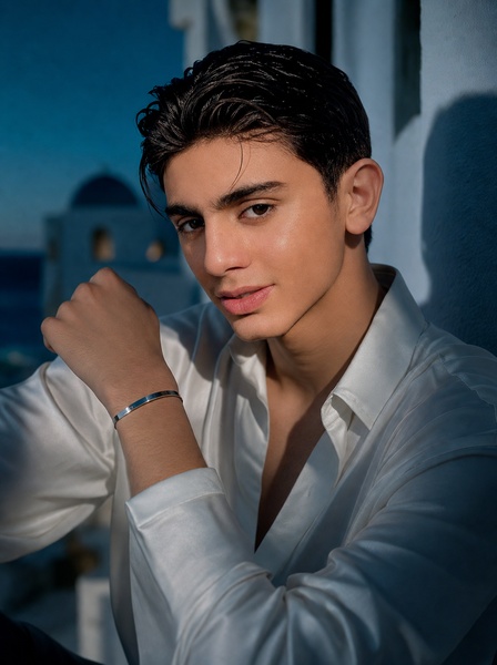 A close-up portrait of a man wearing a minimalist metallic bracelet in a clean, high-end, blue-toned environment.