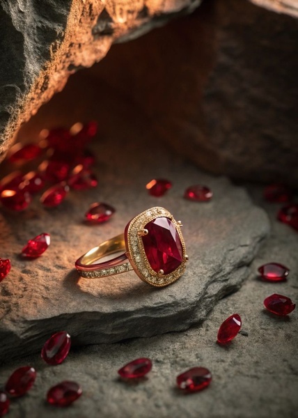 A close-up studio shot featuring a vibrant ruby ring surrounded by loose rubies on a rugged, dark stone surface.