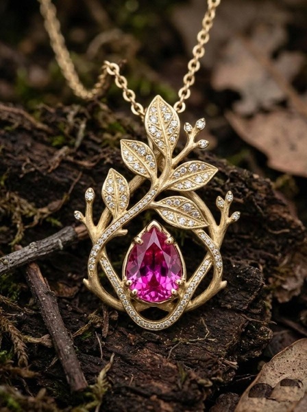 A close-up studio photograph of a golden necklace featuring a teardrop ruby pendant and leaf-shaped diamond accents, resting on a moss-covered forest surface.
