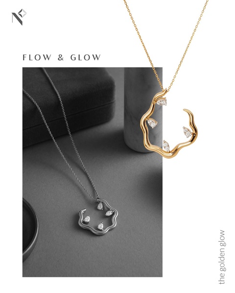 A split-view minimalist product shot featuring a gold and silver necklace on a textured, neutral background to emphasize luxury and form.