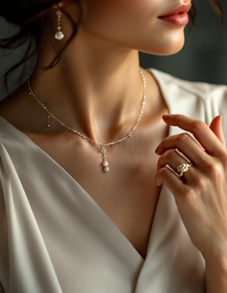 A close-up, high-end photography shot focusing on a delicate pearl necklace worn by a model in a neutral-toned setting.