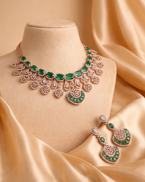 A high-end studio capture of a gold-toned emerald necklace and earring set draped over a mannequin, presented on a flowing satin backdrop.