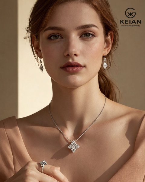A high-end portrait photograph featuring a model wearing a detailed diamond flower-shaped necklace and matching earrings.