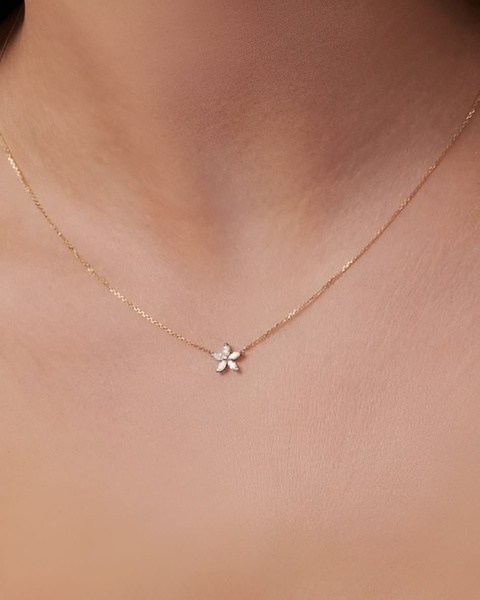 A refined, close-up hero shot of a delicate diamond flower necklace worn on a model, focusing on elegance and product texture.