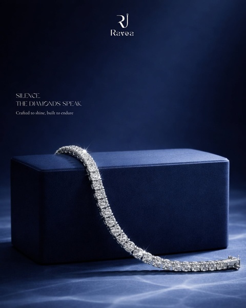 A high-contrast studio shot of a sparkling tennis bracelet draped over a deep blue velvet block.
